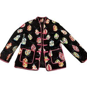 Anne Carson Women's Large Quilted Black Pink Silk Jacket‎ Lined Lantern Asian